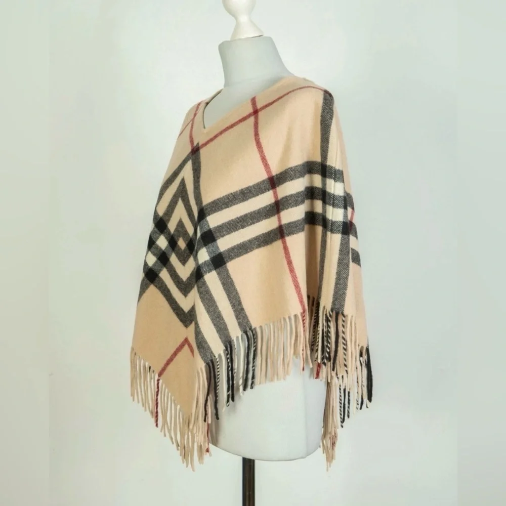 Burberry London Lamba Wool Nova Check Scarf Poncho Plaid Tan Black Red Fringe - Picture 3 of 8